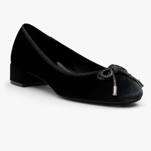 Birdies Hummingbird Velvet Black Women's Low Heel Shoes with Bow Detail